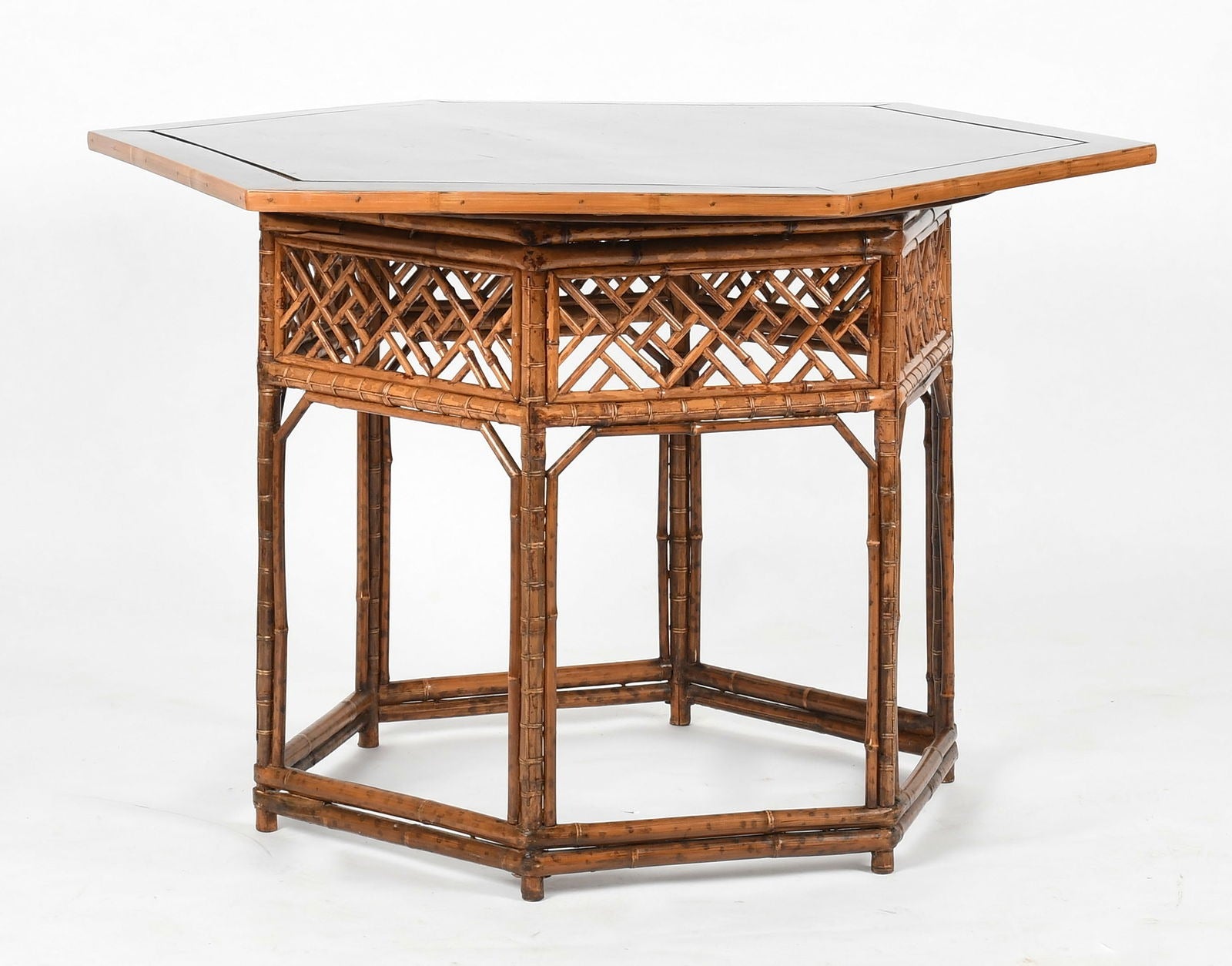 ASIAN BAMBOO FRETWORK HEXAGONAL TABLE WITH REMOVABLE LACQUERED TOP
