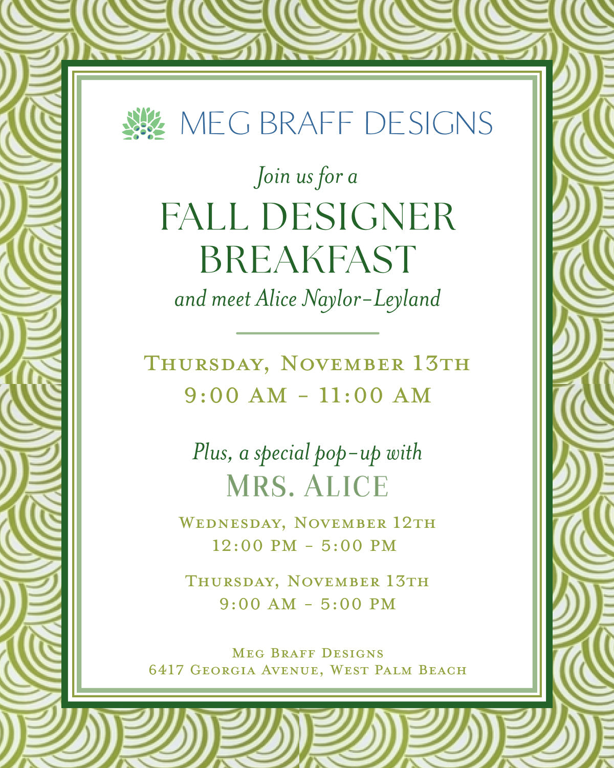 Fall Designer Breakfast & Mrs. Alice Pop-Up