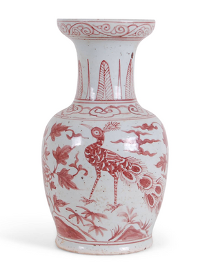 TERRACOTTA PINK PEACOCK MOTIF CHINOISERIE VASE