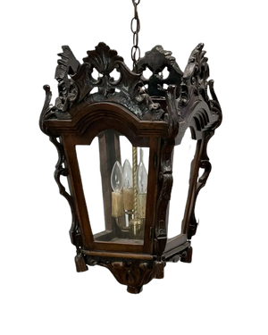 ORNATELY CARVED FOUR LIGHT WOOD LANTERN