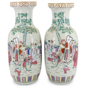 PAIR OF MONUMENTAL FAMILLE ROSE PORCELAIN VASES