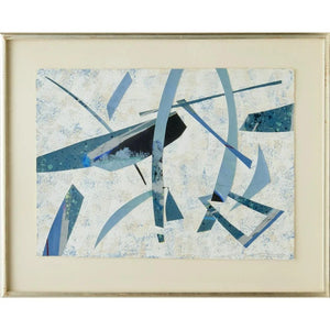 MIXED MEDIA COLLAGE IN BLUES FRAMED AND SIGNED