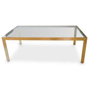 MID CENTURY BRUSHED BRASS DINING TABLE WITH GLASS TOP