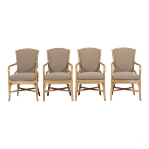 SET OF FOUR VINTAGE CALIFORNIA CONTEMPORARY BAMBOO ARMCHAIRS WITH BROWN UPHOLSTERY