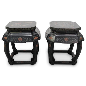 VINTAGE PAIR OF CHINESE JINLONG BLACK LACQUERED WOOD STOOLS