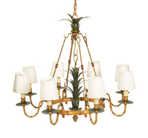 VINTAGE JANSEN STYLE PAINTED METAL BAMBOO 8 ARM CHANDELIER WITH PALM LEAF DETAIL