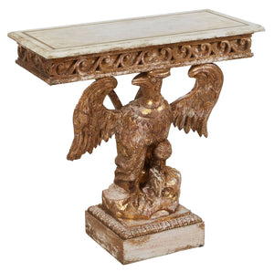 20TH CENTURY FAUX GILT HIGHLIGHTED GEORGIAN STYLE COMPOSITION EAGLE CONSOLE TABLE WITH FAUX MARBLE TOP