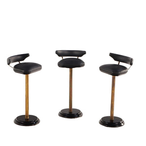 THREE PETITE LEATHER UPHOLSTERED BRASS BAR STOOLS