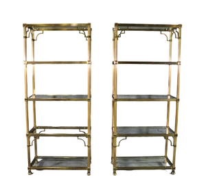 PAIR OF JANSEN STYLE ETAGERES WITH REEDED BRASS AND GLASS
