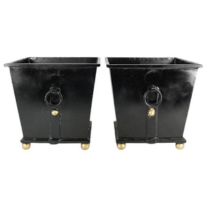 PAIR OF PAINTED BLACK HANDLED PLANTERS WITH BRASS FEET