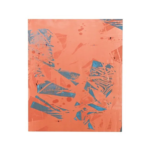 SIGNED LARGE ABSTRACT PAINTING ON SILK IN ORANGE AND BLUE