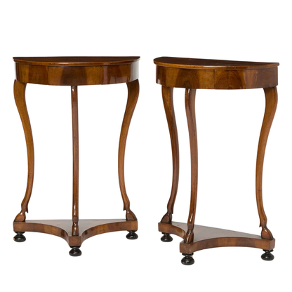 PAIR OF  ITALIAN WALNUT PETITE DEMILUNE CONSOLES WITH DRAWER