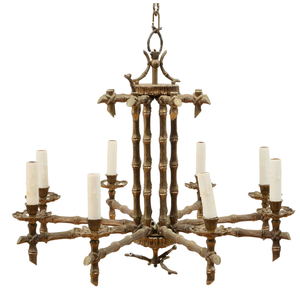 HOLLYWOOD REGENCY BAMBOO MOTIF BRONZE CHANDELIER WITH EIGHT ARMS