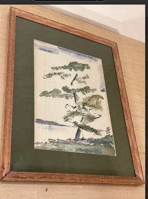 FRAMED AND MATTED WATERCOLOR AND INK GREEN TREE