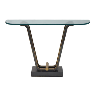 ART DECO STYLE TWO TONE CONSOLE TABLE WITH BRASS ACCENTS AND GLASS TOP