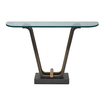 ART DECO STYLE TWO TONE CONSOLE TABLE WITH BRASS ACCENTS AND GLASS TOP