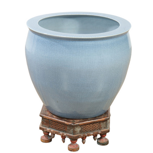 LARGE PALE BLUE JARDINERE ON CARVED WOOD STAND