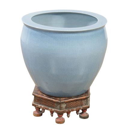 LARGE PALE BLUE JARDINERE ON CARVED WOOD STAND