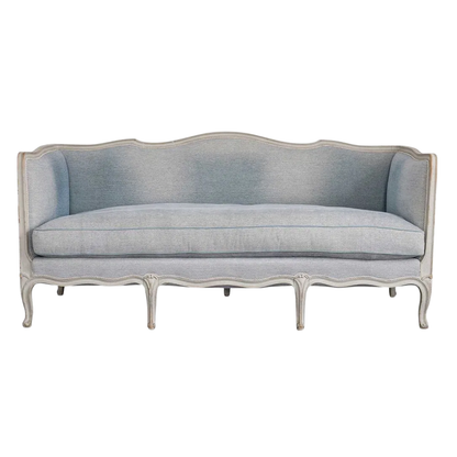 VINTAGE LOUIS XV PAINTED SETTEE WITH POWDER BLUE UPHOLSTERY