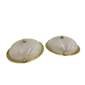 PAIR OF VINTAGE RIBBED GLASS AND BRASS FLUSH MOUNTS