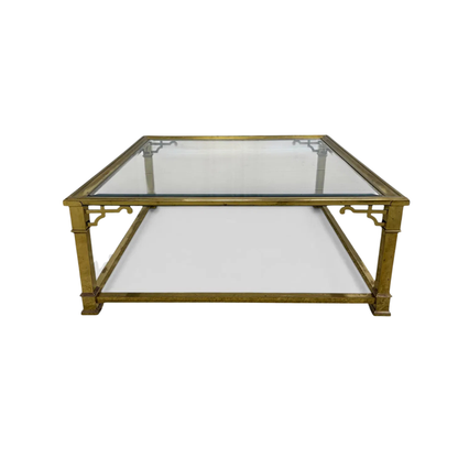 VINTAGE MASTERCRAFT STYLE BRASS AND GLASS SQUARE COFFEE TABLE
