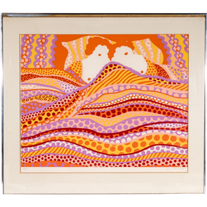 SIGNED AND FRAMED ORANGE AND LAVENDER SILK SCREEN PRINT