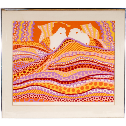 SIGNED AND FRAMED ORANGE AND LAVENDER SILK SCREEN PRINT