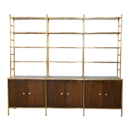 BILLY BALDWIN BRASS AND LACQUERED MAHOGANY THREE PART ETAGERE AND CABINET