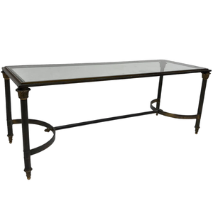 VINTAGE NARROW METAL NEOCLASSICAL GLASS TOP COFFEE TABLE