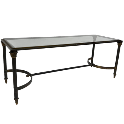 VINTAGE NARROW METAL NEOCLASSICAL GLASS TOP COFFEE TABLE
