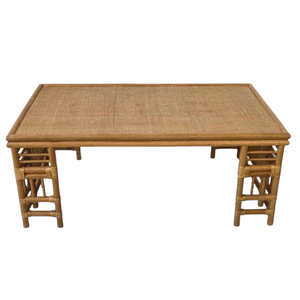 VINTAGE BAMBOO AND RATTAN FRETWORK COFFEE TABLE WITH GRASSCLOTH TOP