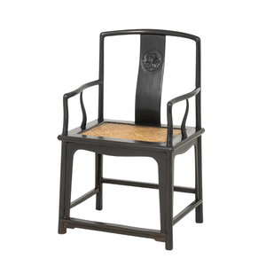 EBONIZED CARVED CHINOISERIE ARMCHAIR WITH WOVEN SEAT