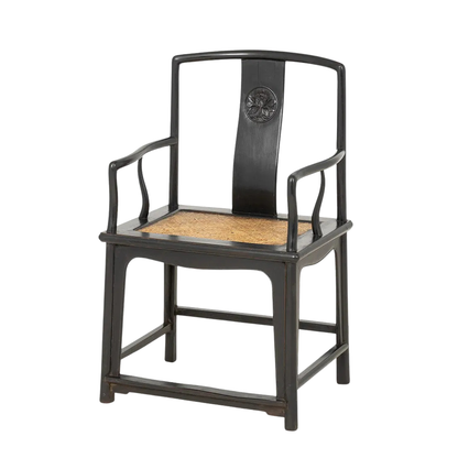 EBONIZED CARVED CHINOISERIE ARMCHAIR WITH WOVEN SEAT