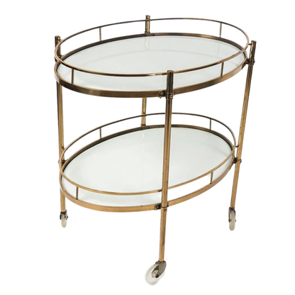 MID CENTURY MODERN OVAL TWO TIER BAR CART WITH MILK GLASS SHELVES