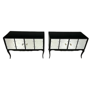PAIR OF TWO DOOR BLACK GLASS AND MIRROR CABINETS WITH CABRIOLE LEGS