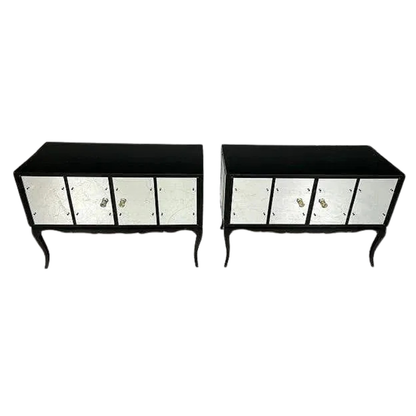 PAIR OF TWO DOOR BLACK GLASS AND MIRROR CABINETS WITH CABRIOLE LEGS