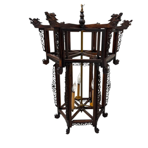 CHINESE CARVED HARDWOOD THREE LIGHT LANTERN WITH DRAGON DETAIL