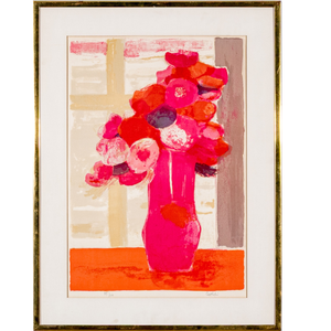 SIGNED BERNARD CATHELIN FRAMED PINK FLORAL LITHOGRAPH