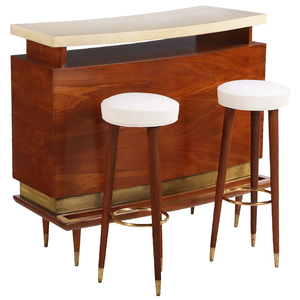 MID CENTURY MAHOGANY BAR WITH BRASS ACCENTS, PARCHMENT TOP, AND TWO UPHOLSTERED STOOLS