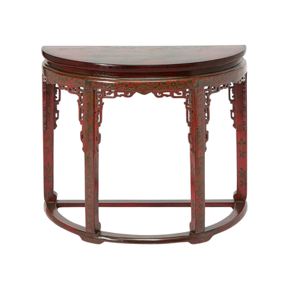 CHINOISERIE RED LACQUERED DEMILUNE CONSOLE