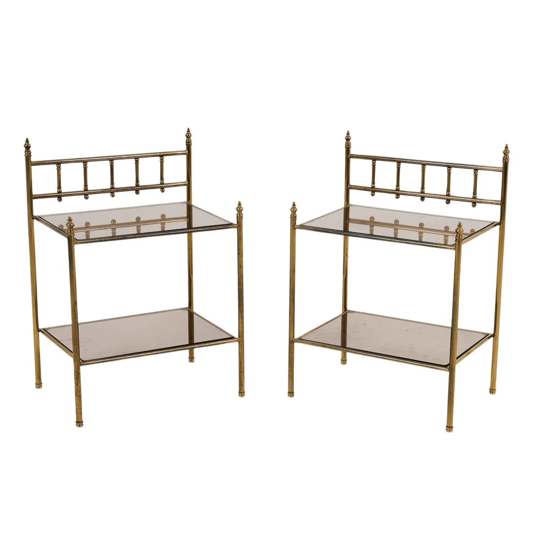 PAIR OF MID CENTURY TWO TIER BRASS & SMOKED GLASS END TABLES
