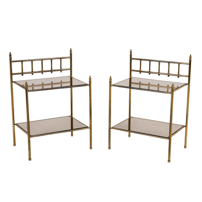 PAIR OF MID CENTURY TWO TIER BRASS & SMOKED GLASS END TABLES