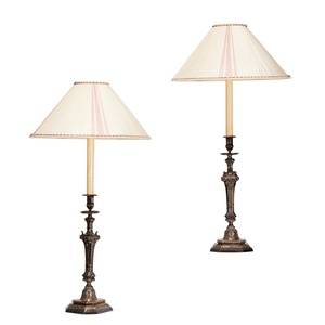 19TH CENTURY PAIR OF ORNATE SILVERED BRONZE CANDLESTICK LAMPS