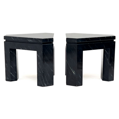 PAIR OF BLACK FAUX MARBLE GEOMETRIC SIDE TABLES