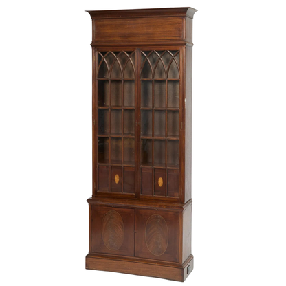 GRAND GOTHIC REVIVAL ENGLISH MAHOGANY BOOKCASE WITH GLASS PANEL DOORS