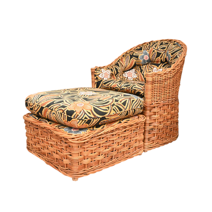 RATTAN TUB CHAIR AND OTTOMAN WITH UPHOLSTERED CUSHIONS, WICKER WORKS