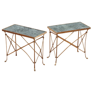 PAIR OF BRASS SIDE TABLES WITH MABLE TOP AND PAW FOOTED DETAIL