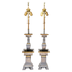 PAIR OF PEWTER CHINOISERIE LAMPS