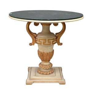 GREEK KEY GILDED PEDESTAL OCCASIONAL TABLE WITH FAUX MALACHITE TOP