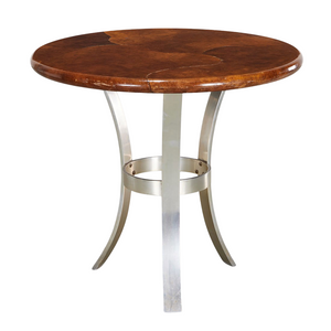 MODERN ROUND GOATSKIN AND SILVERED METAL SIDE TABLE